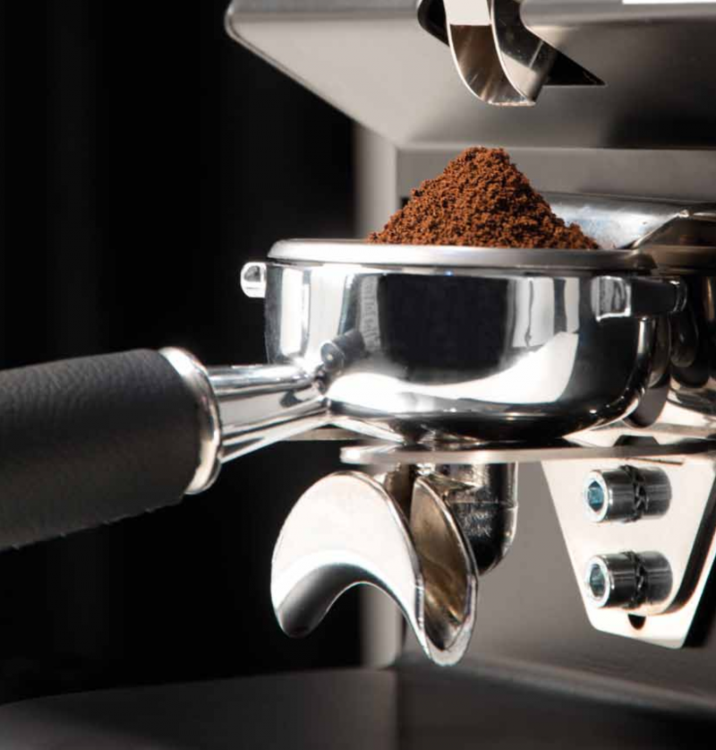 G60 Grinder, Portafilter Holder Closeup, Ground Coffee Showcase Picture